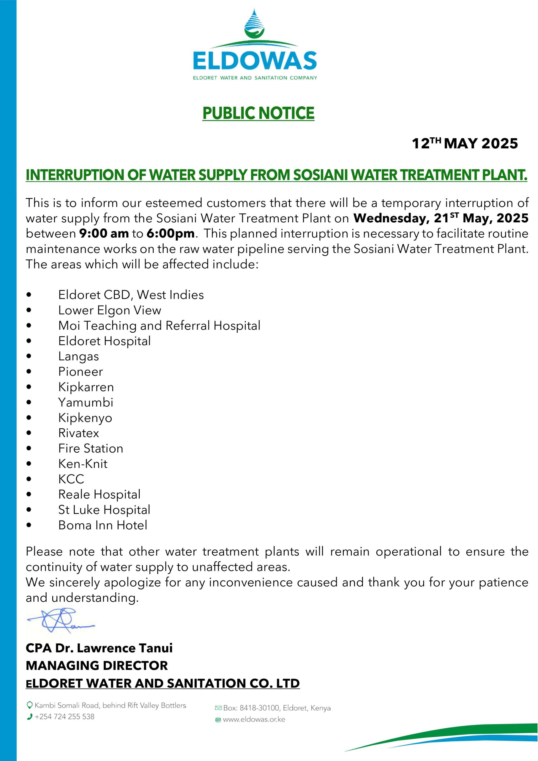 Sosiani Treatment Interruption May 2025